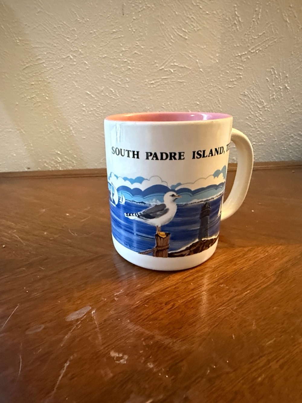 Nanco Vintage South Padre Island Seagull Ceramic Mug - White with Pink Interior